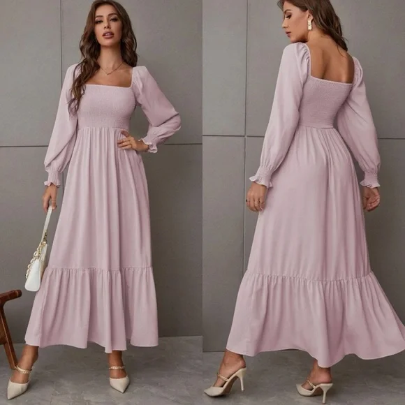 Shirred bust square neck long sleeve ruffle maxi dress boho gypsy neutral cream - Picture 5 of 10